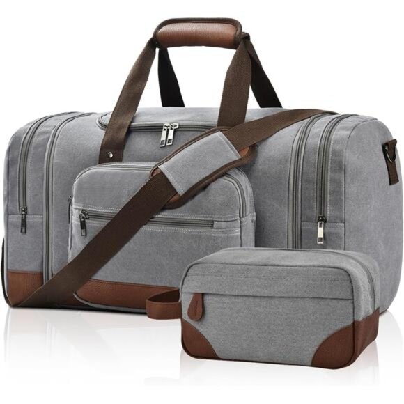 Grey+Toiletry Bag , 50L Canvas Travel Duffel Bags Overnight Weekend - Picture 1 of 6